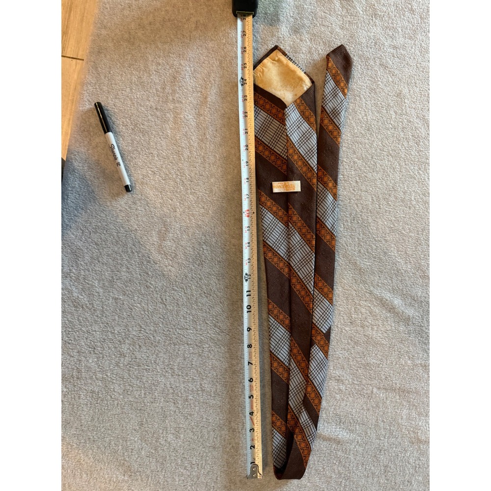 Grenada by Excello Vintage 70s Mens Tie Brown Orange Plaid Geometric Wide Blade